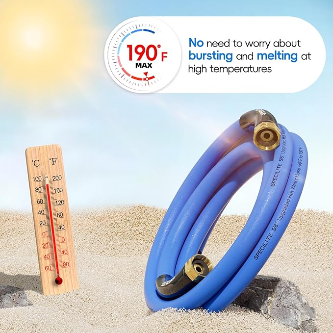 SPECILITE Female to Female Hot/Cold Garden Water Hose 10 ft x 5/8 Inch for Hose Reel, -50℉To 190℉, Heavy Duty, Flexible, Burst 605 Psi, Rubber Extension Pipe with 3/4" Brass Fittings