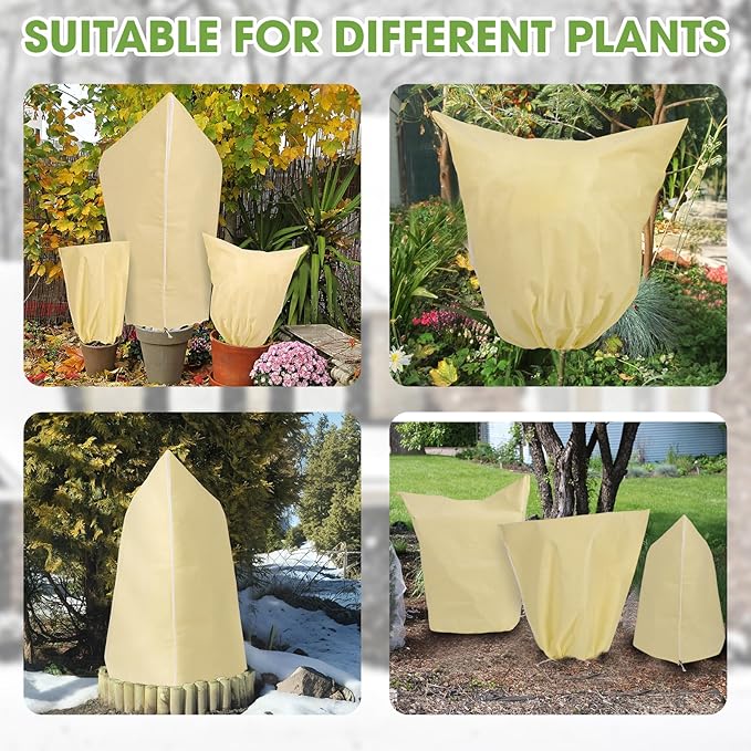 12 Pcs Plant Covers Freeze Protection, 2.82oz/yd² Heavy Duty Frost Cloths 19.6x39.3 Inch with Drawstring, Reusable Winter Shrub Cover for Outdoor Rose Bush, Potted Plants