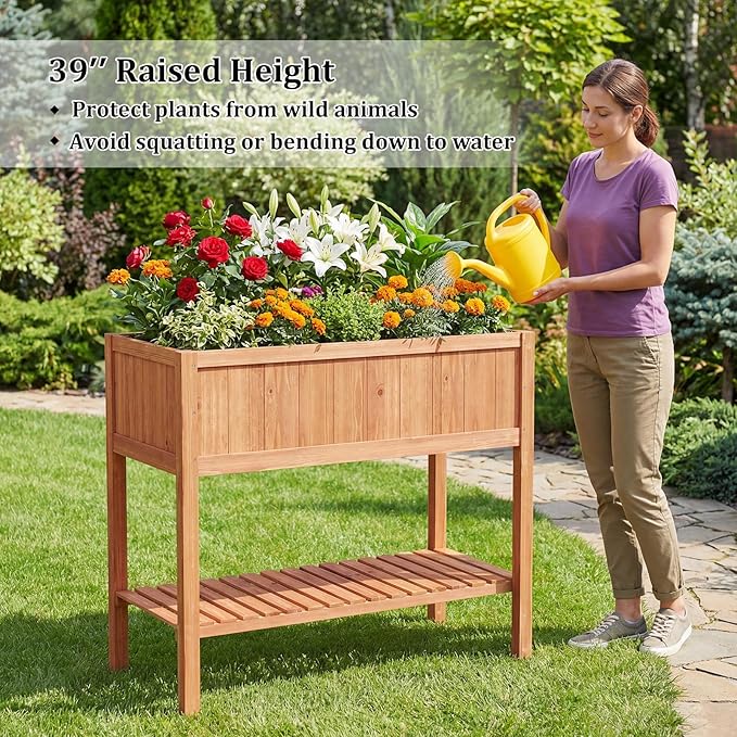 Giantex Raised Garden Bed, Wood Planter Box with Plant Stand & Black Liner, 40"x20"x39" Raised Bed for Indoor Outdoor Plants, Vegetables Flower Herbs Fruit Gardening (2,Reddish Brown)