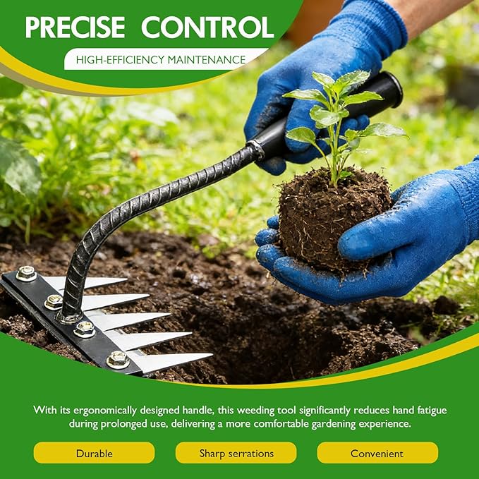 Carbon Steel Garden Hand Rake, Garden Hand Rake Tool, Iron Weeding Rake 2.0, Iron Rake for Yard Lawn and Garden, Heavy-Duty Gardens Hand Weeder Puller Tool for Gardening and Weedings(5 Teeth)