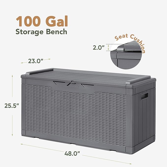 Flamaker Deck Box with Cushion 98 Gallon Waterproof Resin Storage Box with Air Rod Indoor Outdoor Lockable Storage Bench for Patio Furniture, Tools, Pool Accessories (Gray)