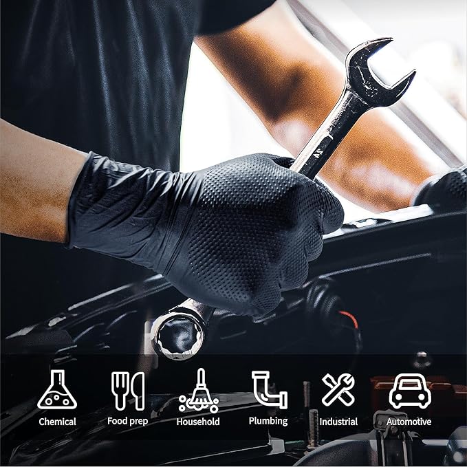 Heavy Duty 10 Mil Nitrile Disposable Gloves with Raised Diamond Texture, Latex-Free, Powder-Free, Extra Strong, Chemical Resistant, Durable for Mechanics, Industrial Work, Auto Repair, Large