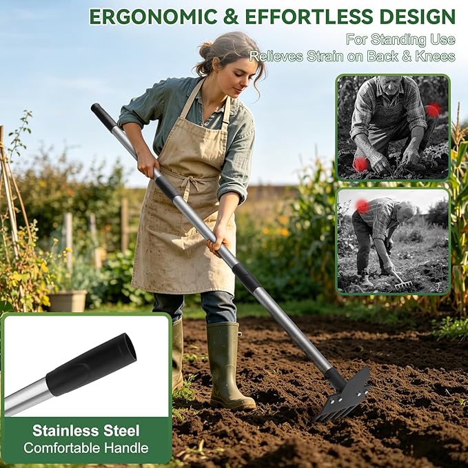 2-in-1 Hoe Garden Tools, 17-58" Weed Puller Tool with Long Handle, Heavy Duty Handle Garden Hoe and Weed Rake, Hoes for Gardening Yards Lawns Gardens Weeding