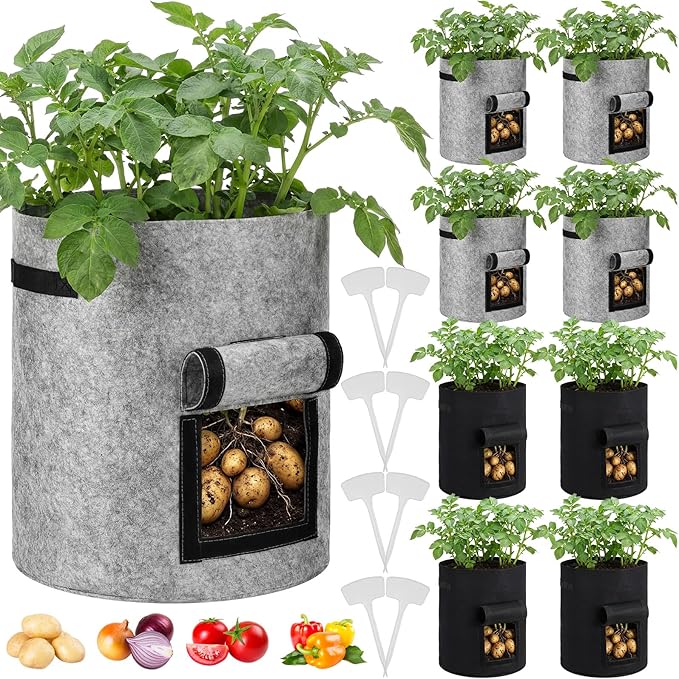 8 Pcs 15 Gallon Potato Grow Bags Garden Planting Bag Vegetable Grow Bags with Flap and Handle Thickened Nonwoven Fabric Pots Thick Fabric Garden Containers for Potato Tomato Vegetables
