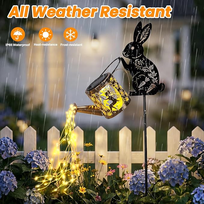LOVERUIS Garden Statues Bunny with Solar Watering Can Lights, Cute Outdoor Bunny Figurines Garden Decor for Patio Yard Lawn Ornaments, Unique Gift for Women Mom