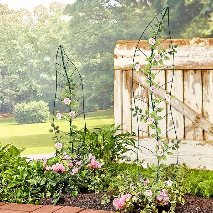 Garden Trellis Plant Support Trellis Green Leaf Trellis Garden Decoration for Climbing Vines Floral Metal Trellis Set of 2（Green）