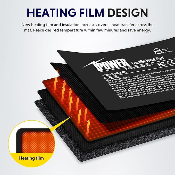 iPower 4 by 7 Inch 4W Reptile Heating Pad with Adjustable Thermostat, Under Tank Warmer Terrarium Heat Mat for Turtles/Snakes/Lizards/Frogs, and Other Reptiles