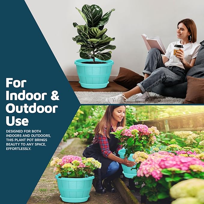 10-Inch Whiskey Barrel Planters Outdoor Pack of 10 - Durable Plastic Plant Pots for Indoor & Outdoor Use with Drainage & Saucer, Lightweight Rustic Barrel Planters for Flowers, Herbs & Small Plants