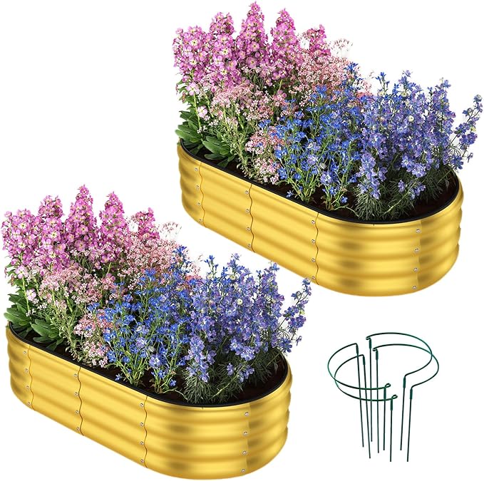 ZFHgarden Garden Box Raised Flower Bed Galvanized Metal Planter Round Raised Garden Bed Kit for Gardening Outdoor 2PC Gold 4X2X1FT