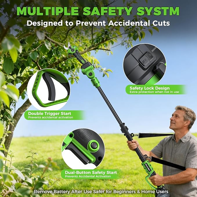 2-in-1 Electric Pruning Shears Cordless Pole Pruner, Lightweight Extension Pole, 1.6" Cut, SK7 Blade, 2x4.0Ah Batteries, Brushless Motor & LCD, Battery Powered Tree Pruner for Garden Orchard