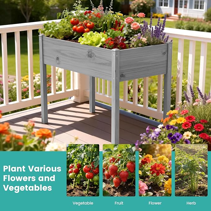 SUNYRISY Wooden Raised Garden Bed Outdoor with Legs for Gardening, 45.6" L x 23.6" W x 31.5" H Elevated Planter Garden Box Raised Bed for Planting Vegetable Flower Herb, Gray