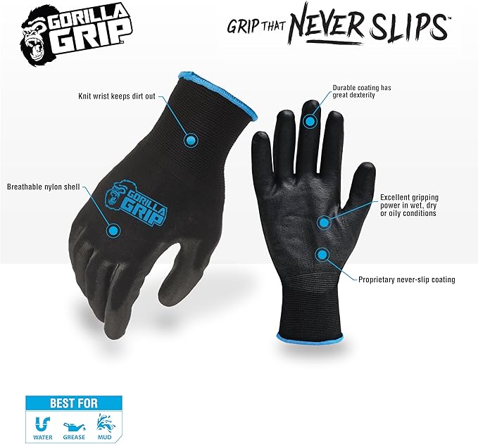 Gorilla Grip Work Gloves, Never Slip Maximum Grip All-Purpose, Gloves for Men, Superior in Wet, Dry, Oily Conditions, Polymer Palm, Large Size, 15 Pairs, Black/Blue | 25042-25