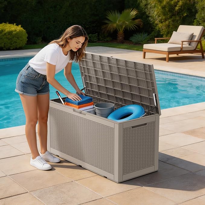 Mars Villa 100 Gallon Outdoor Storage Box, Large Resin Deck Box Waterproof, for Outside Patio Furniture Cushion, Pool Supply, with Hydraulic Hinge, UV-Resistant and Weatherproof, Rattan Greige