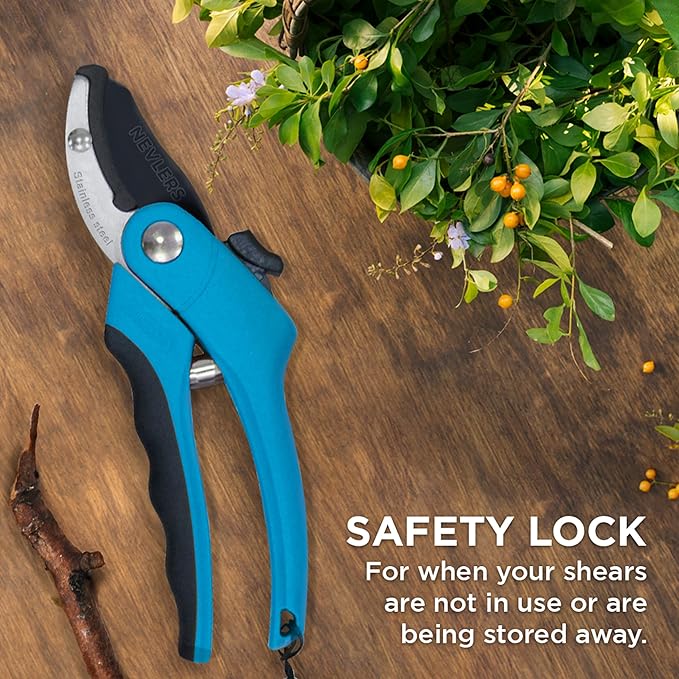 Nevlers 8" Blue Anvil Pruning Shears Heavy Duty | Hand Pruners for Gardening w/Steel Blades, Safety Lock & Ergonomic Handles | 8mm Cut Cap Plant Shears & Branch Cutter for Dead Stems & Small Branches