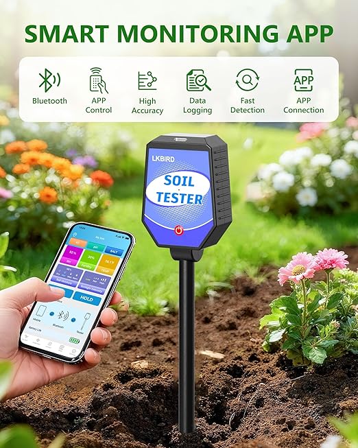 8-in-1 Smart Soil Tester with App Control, Soil Moisture Meter for Plants with pH, Light, Salinity, Fertility, EC, Temperature, Humidity Sensor, Wireless Soil Analyzer for Indoor & Outdoor Gardening.