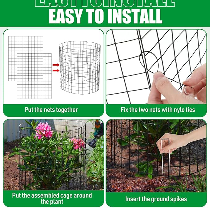 Zubebe 12 Sets Wire Plant Protector from Animals 14" H x 12.8" D Metal Mesh Plant Cage Sturdy Garden Bunny Barricades Chicken Wire Cloche for Vegetables with Ground Stakes and Nylon Ties