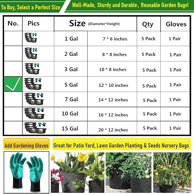 5-Pack 5 Gallon Thickened Plant Grow Bags (12x10 inch) Fabric Plant Pots for Flower Pot,Potato Tomato Planters,Herbs Veggies Planter Bag,Garden Pot,Barrel Planter,Plant Container with Gardening Gloves