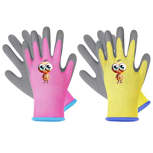 Kids Gardening Gloves, 2 Pair Toddler Gardening Gloves, Girls Garden Gloves, Rubber Non-Slip Safety Work Gloves for Kids, Youth, Garden, Fishing, Cycling and Gardening Tools (Ages 5-7)