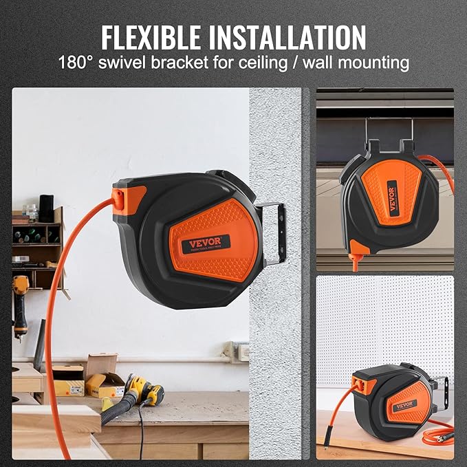 VEVOR Retractable Air Hose Reel, 3/8IN x 50FT Hybrid Air Hose Max 300PSI, Air Compressor Hose Reel with 5 ft Lead in, Ceiling/Wall Mount Enclosed Air Reel, 180° Swivel Mount