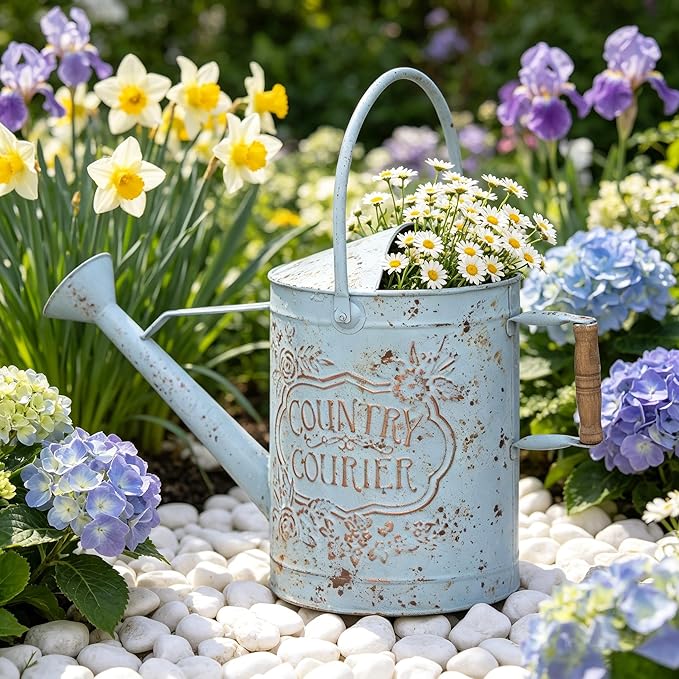 Vintage Metal Watering Can with Country Corner Floral Emboss & Wooden Handle Garden Distressed Blue Decorative Watering Pot Farmhouse Waterer for Home Garden Balcony Courtyard 2 Gallon