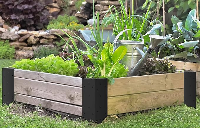 Raised Garden Bed Corner Brackets With Securing Lip | Fits Lumber up to 2 Inch x 12 Inch in Size | Set of 4 | DIY Flower or Vegetable Garden | Black