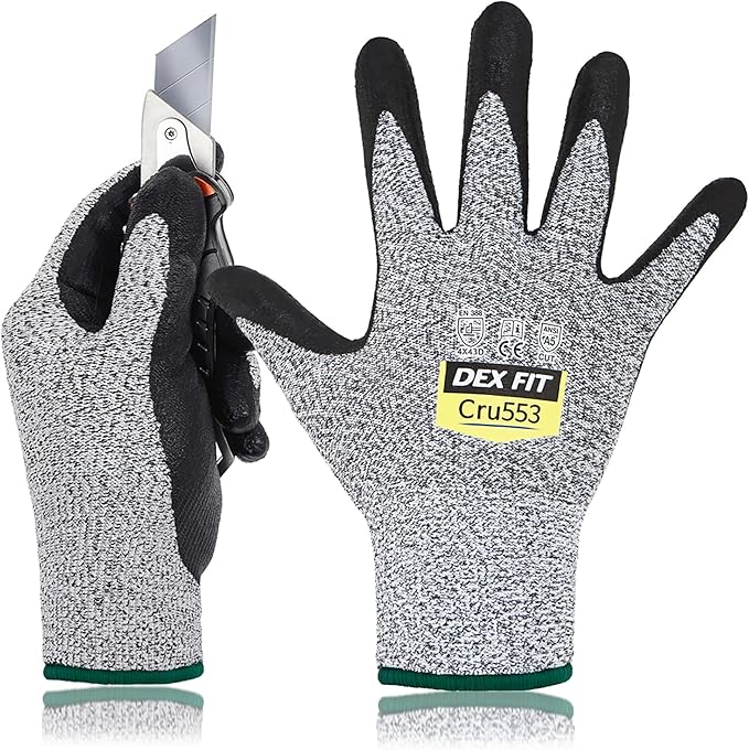 DEX FIT Level 5 Cut Resistant Gloves Cru553, 3D-Comfort Fit, Firm Grip, Thin & Lightweight, Touch-Screen Compatible, Durable, Breathable & Cool, Machine Washable; Grey M (8) 1 Pair