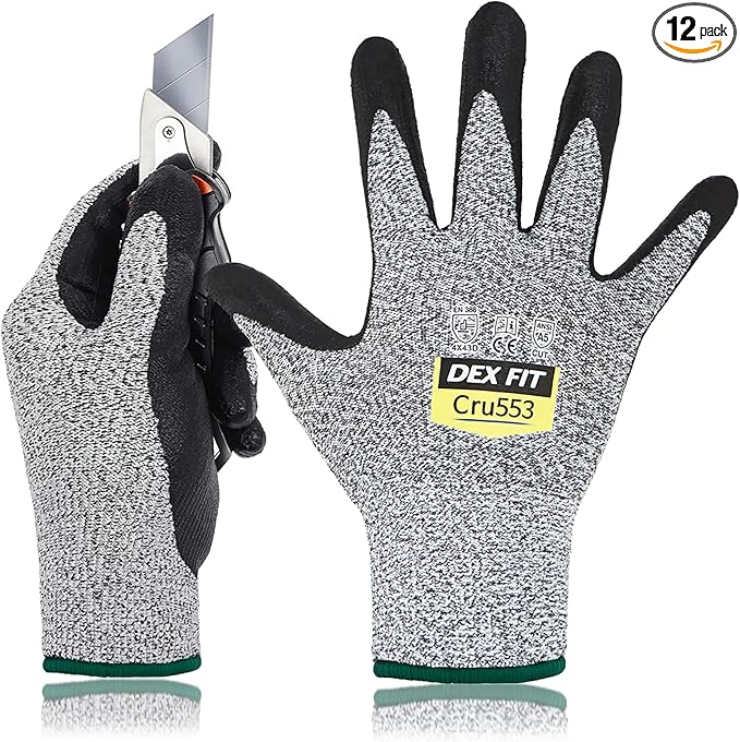DEX FIT Level 5 Cut Resistant Gloves Cru553, 3D-Comfort Stretchy Fit, Power Grip, Professional Grade, Thin, Touch-Screen Compatible, Durable, Machine Washable; Gray M (8) 12 Pairs
