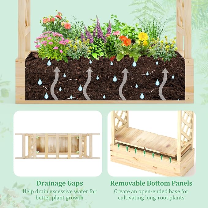 HAPPYGRILL Raised Garden Bed with Trellis, Wood Planter Box w/Hanging Roof, Drainage System, Elevated Garden Box for Climbing Vine, Outdoor Planter w/Trellis for Patio Balcony, 44" x 14" x 45"