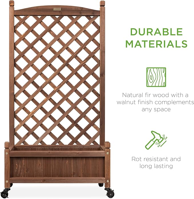 Best Choice Products Set of 2 48in Wood Planter Box & Diamond Lattice Trellis, Mobile Outdoor Raised Garden Bed for Climbing Plants w/Drainage Holes, Optional Wheels - Walnut