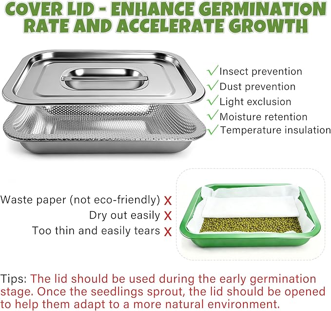 2 Pack Stainless Steel Seed Sprouter Trays, 2-Tier Soil-Free Microgreens Growing Kit, Sprouting Tray with Cover Lids & Mesh Pads for Sprouts Beans Alfalfa Wheatgrass