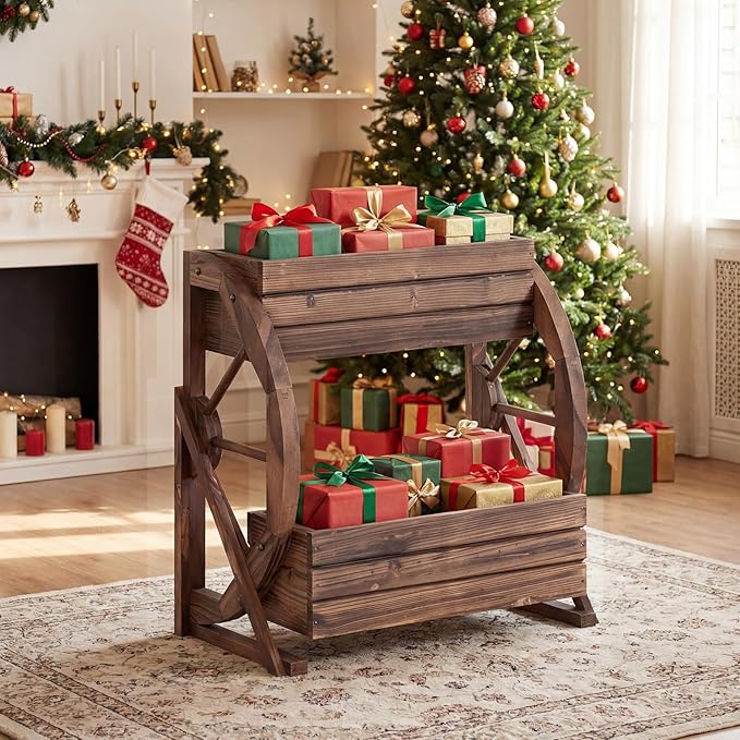 HAPPYGRILL 2-Tier Raised Garden Bed, Rustic Wood Wagon Planter Box with Drainage Holes & Semi-Wheels for Vegetables Herbs, Indoor Outdoor Decorative Flower Cart Pot Stand for Patio Yard Balcony (2)