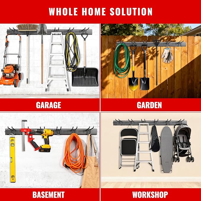 Garage Tool Organizer Wall Mount, Easy to 48inch Install Heavy-Duty Garage Storage System with Adjustable 7 Hooks, Garden Tool Rack for Shovels, Rakes, Yard Tools