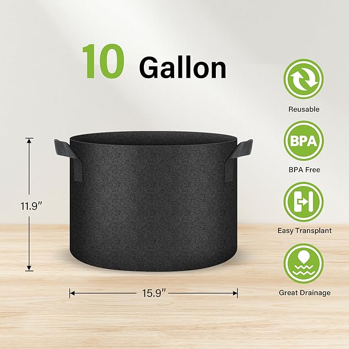 HealSmart Plant Grow Bags 10 Gallon, Tomoato Planter Pots 10-Pack with Handles, Aeration Nonwoven Fabric, Heavy Duty Gardening Planter for Vegetable, Herbs and Flowers, Black 2024 Version
