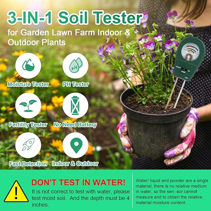 Adoric Soil Meter, 3-in-1 Soil PH/Moisture/Fertility Garden Soil Tester for Plants, Home, Farm, Lawn, Farm, Indoor & Outdoor (No Battery Needed)