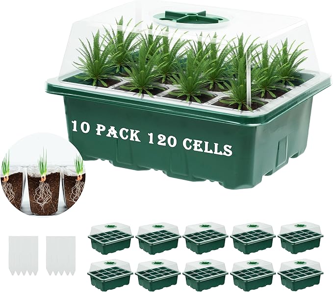 10 Pack 120 Cells Seed Starter Trays with Ventilation Holes - Reusable Seedling Starter Kit for Vegetables, Herbs, Flowers - Indoor Gardening, Plant Germination & Seed Starting (Green)