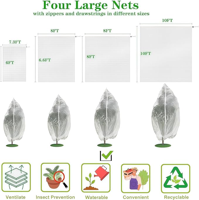 Drawstring & Zipper Fruit Tree Netting Cover - 2 Pack 8x8 FT- Reusable Bird Netting for Blueberry Bushes, Anti-Cicada/Deer/Squirrel Large Plant Protection Net