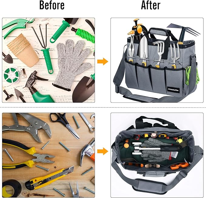 Housolution Garden Tote Bag, 900D Gardening Tool Bag, Garden Tote Storage Bag with Pockets & Long Adjustable Shoulder Strap, Home Tools Organizer Garden Tool Kit Holder, Standable, 14 Inch, Gray