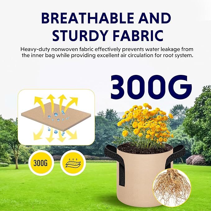iPower 10-Pack 1 Gallon Plant Grow Bags Thickened Nonwoven Aeration Fabric Container Heavy Duty Durable Pots, Strap Handles for Garden, Tan