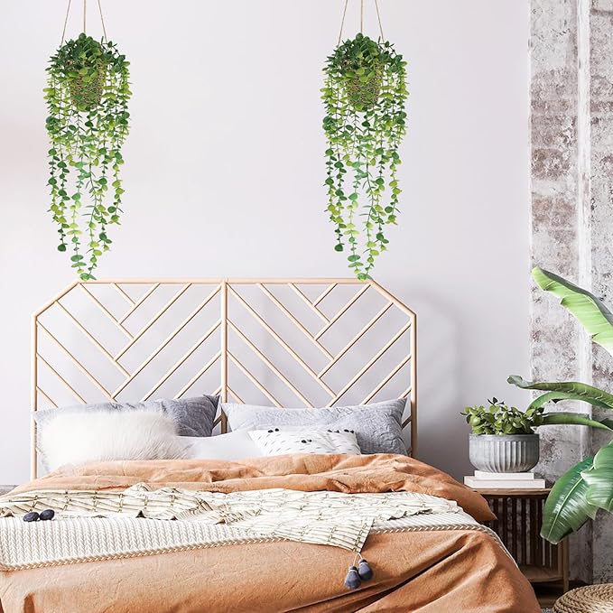 Nisoger Fake Hanging Plant with Woven Basket, 2 Pack Artificial Hanging Plants, Faux Vines Eucalyptus Leaf Hanging Pot Plant for Wall Home Room Indoor Outdoor Bedroom Bathroom Office Decor