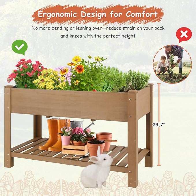 PetsCosset Raised Garden Bed Wooden Elevated Planter Box with Legs, Protective Liner Reinforced for Vegetables Herbs Flowers for Outdoor Patio Backyard Balcony Gardening (46.65“ L with Shelf)