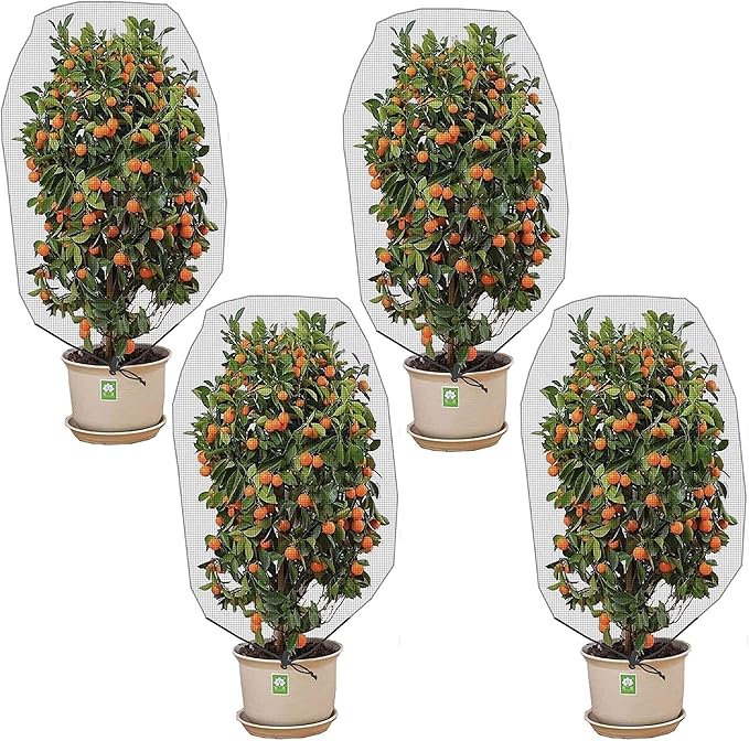 4 Pcs Insect Bird Barrier Tree Net with Drawstring, 4.9 x 3.2 Ft Garden Bird Netting Plant Cover, Fruit Tree Netting for Protect Plants Fruits Flowers from Insect Bird Eating