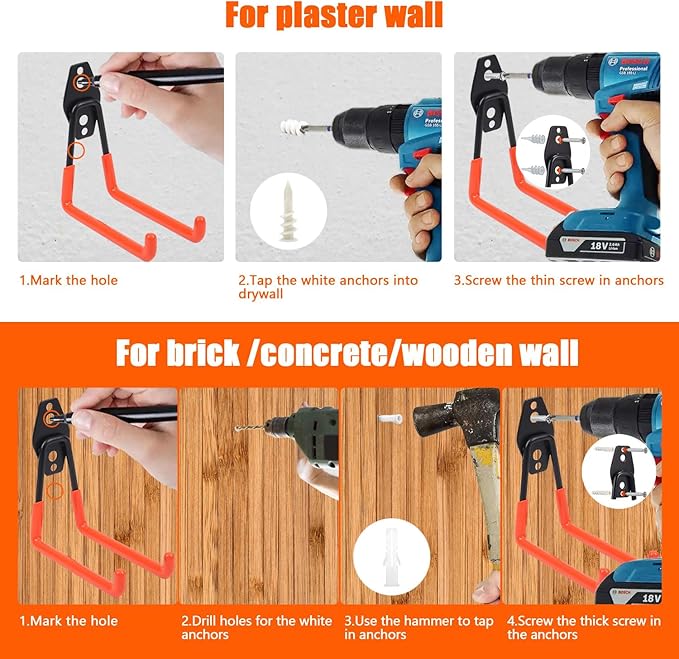 Heavy Duty Garage Storage Hooks, 4 Pack Utility Steel Garage Tool Organizer Wall Mount for Hanging Power and Garden Tools Ladders Hoses Bikes Ropes & Bulk Items