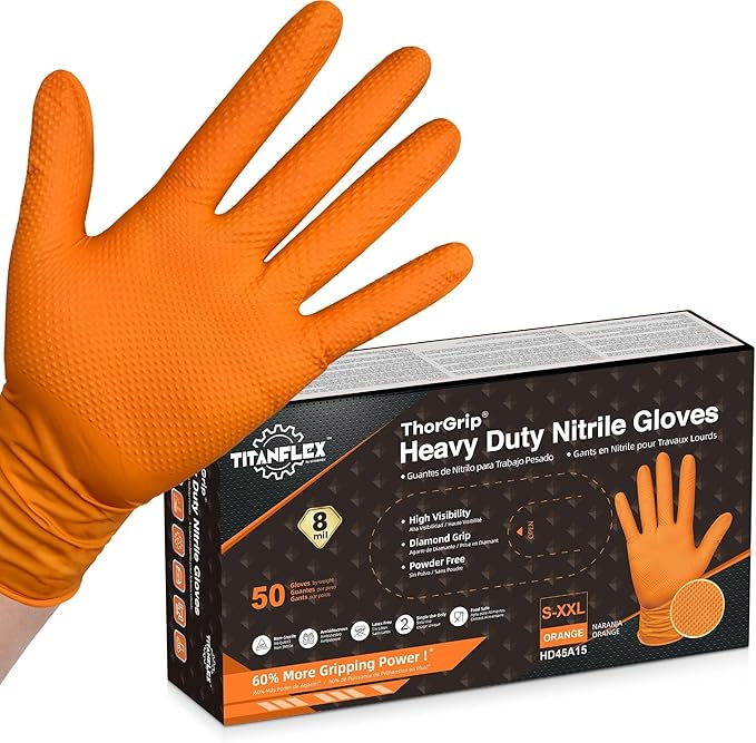 TitanFlex Heavy Duty Orange Industrial Nitrile Gloves with Raised Diamond Texture, Latex Free (6mil/8mil)