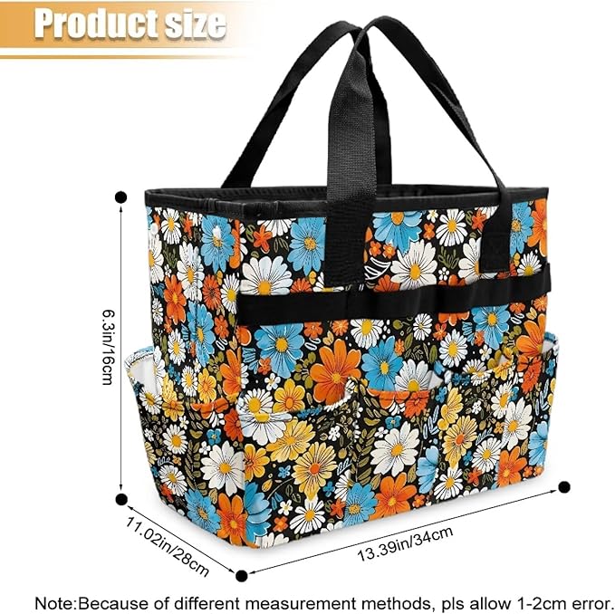 Hippie Flower Garden Tool Bag Portable Gardening Tool Organizer Bag with 10 Pockets and Handle Tool Carrier and Storage for Garden Lawn Yard Casual Camp