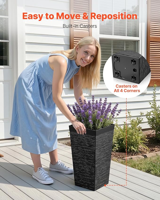 VEVOR Set of 2 Tall Planters for Outdoor Plants 23inch, Black Tall Planter for Indoor Plants, Modern Planters for Front Porch Patio Balcony, Plant Container Flower Pots with Built-in Drainage