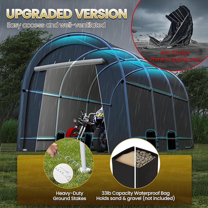 Kiss the Water Domed Carport with 4 Cloth Bags, Portable Garage with 2 Roll-up Doors, Heavy Duty Car Canopy Party Tent, All-Season Storage Shelter Shed for Cars, Truck, or Garden Tools, 10' x 15'