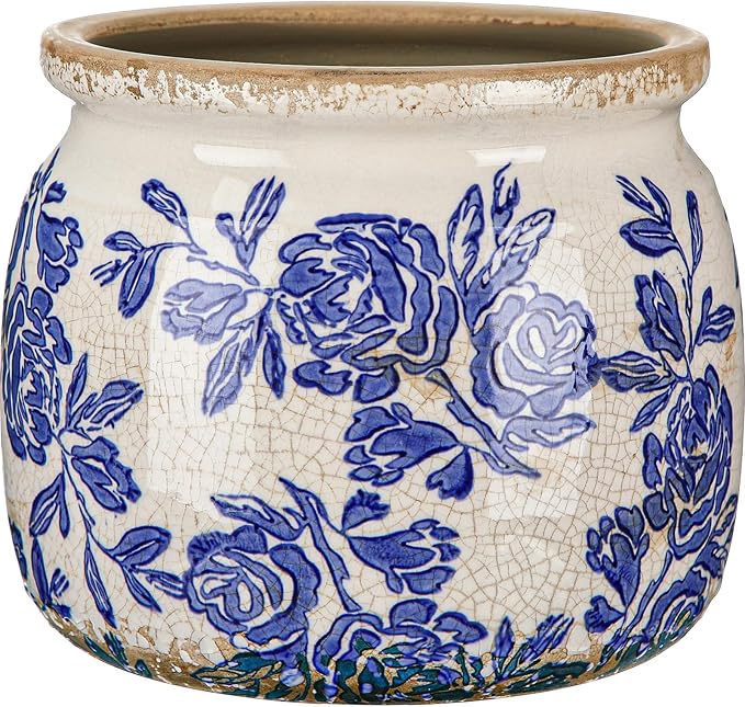 Vintage Chinoiserie Planter Large Ceramic Plant Pot with Drainage Blue Beige Rose Crack Cottage Scroll Vase Flower Vase for Pot Indoor Live Plants Home Farmhouse Antique Decorative Gifts