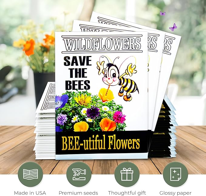 Pack of 20 Pre-Filled Flower Seed Packets for Pollinators Wedding Party Favors Bridal Shower School Events Thank You Events Memorials Earth Day- Save The Bees Assorted Bee Friendly Flower Seeds