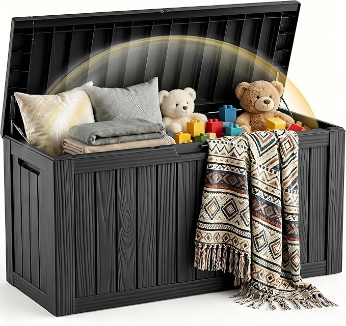 EFU Outdoor Storage Box 80 Gallon Deck Box (Indoor & Outdoor) Lockable UV Resistance Waterproof Resin Storage Bin Storage Box for Outdoor,Patio Storage With Support Rod(Black)