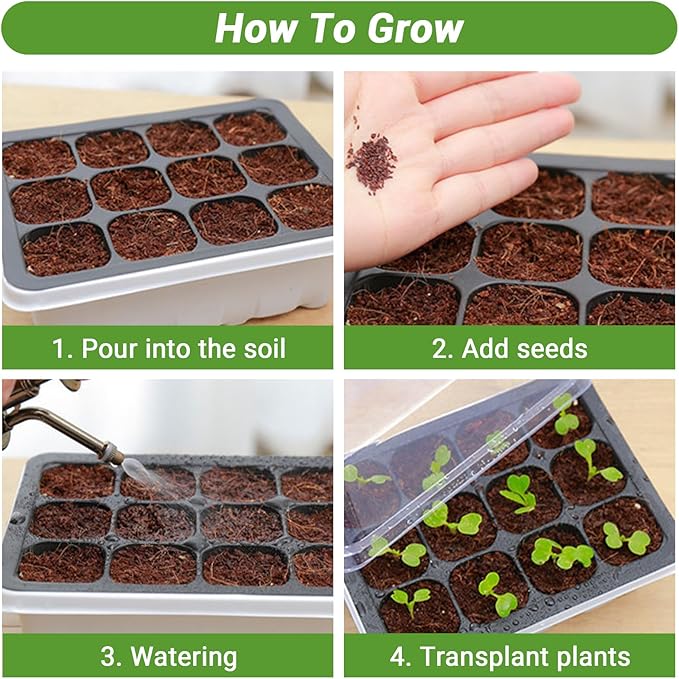 Seed Starter Tray, 12 Pack 144 Cells Thicken Seed Starter Kit Seed Starter with Humidity Dome Seed Starting Trays Plant Starter and Base Mini Greenhouse Germination Kit (White)